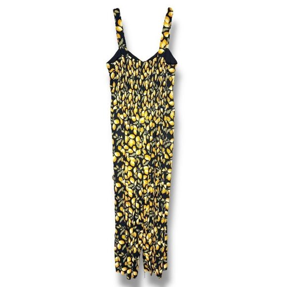 LOFT Black Yellow Lemon Print Jumpsuit Spaghetti Strap Button Up Wide Crop Leg S - Picture 7 of 10